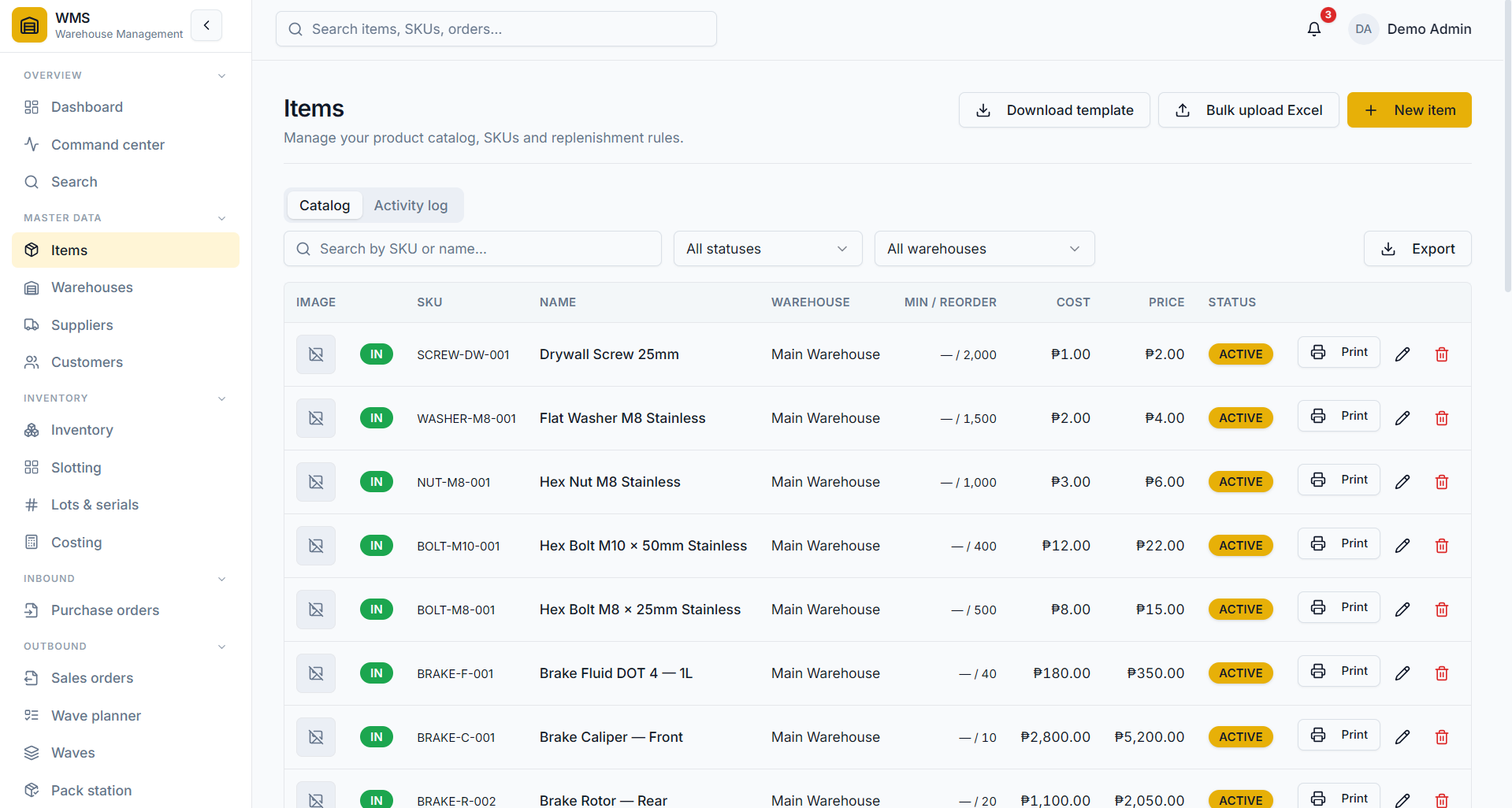 Items list with images, barcodes and extra details